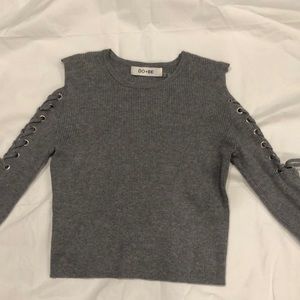 Gray sweater, open shoulder lace up sleeve